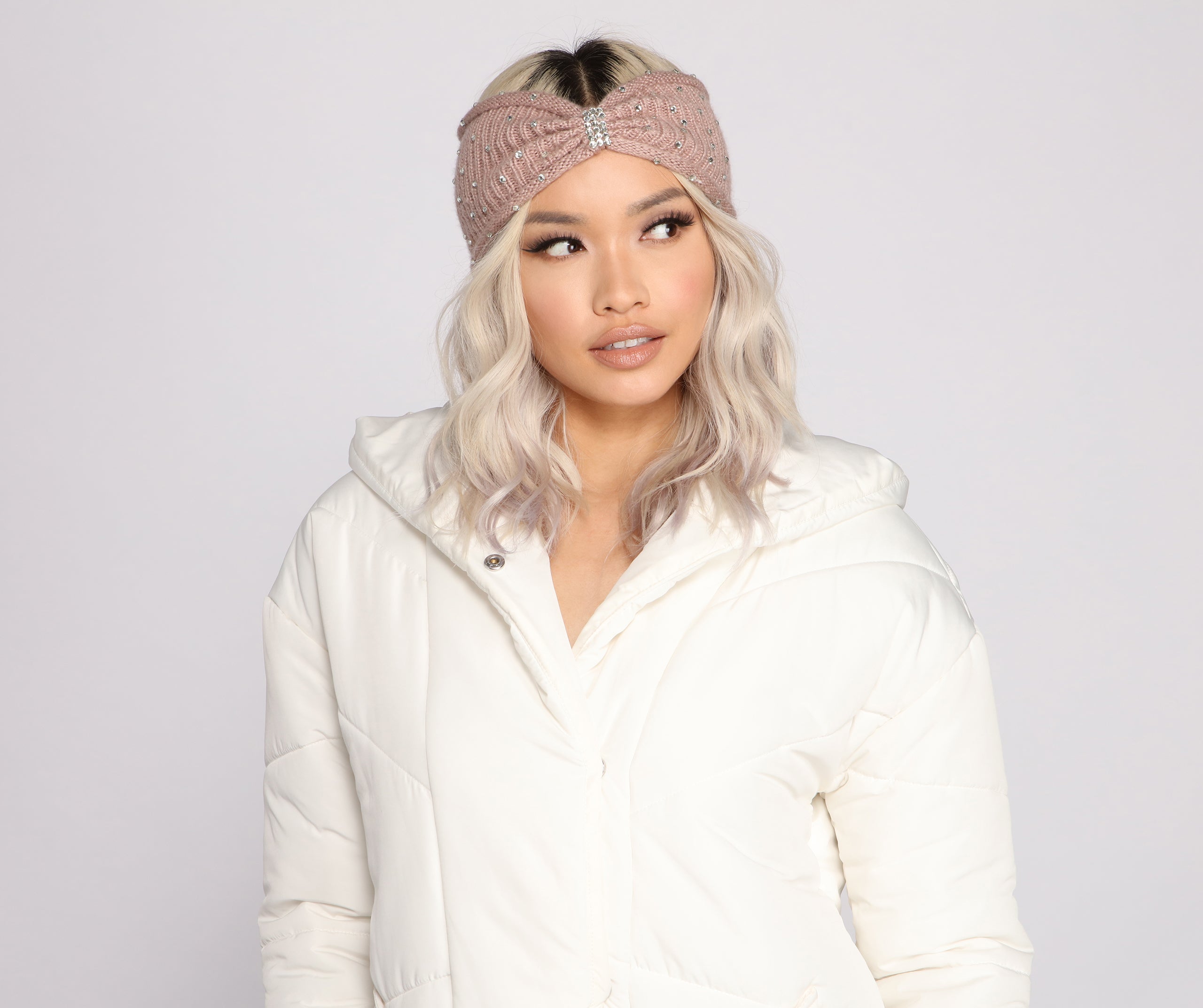 Soft Glam Rhinestone Bow Front Knit Headband - Image 2