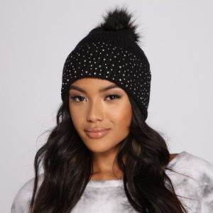 Rhinestone Glamour Pom Knit Beanie