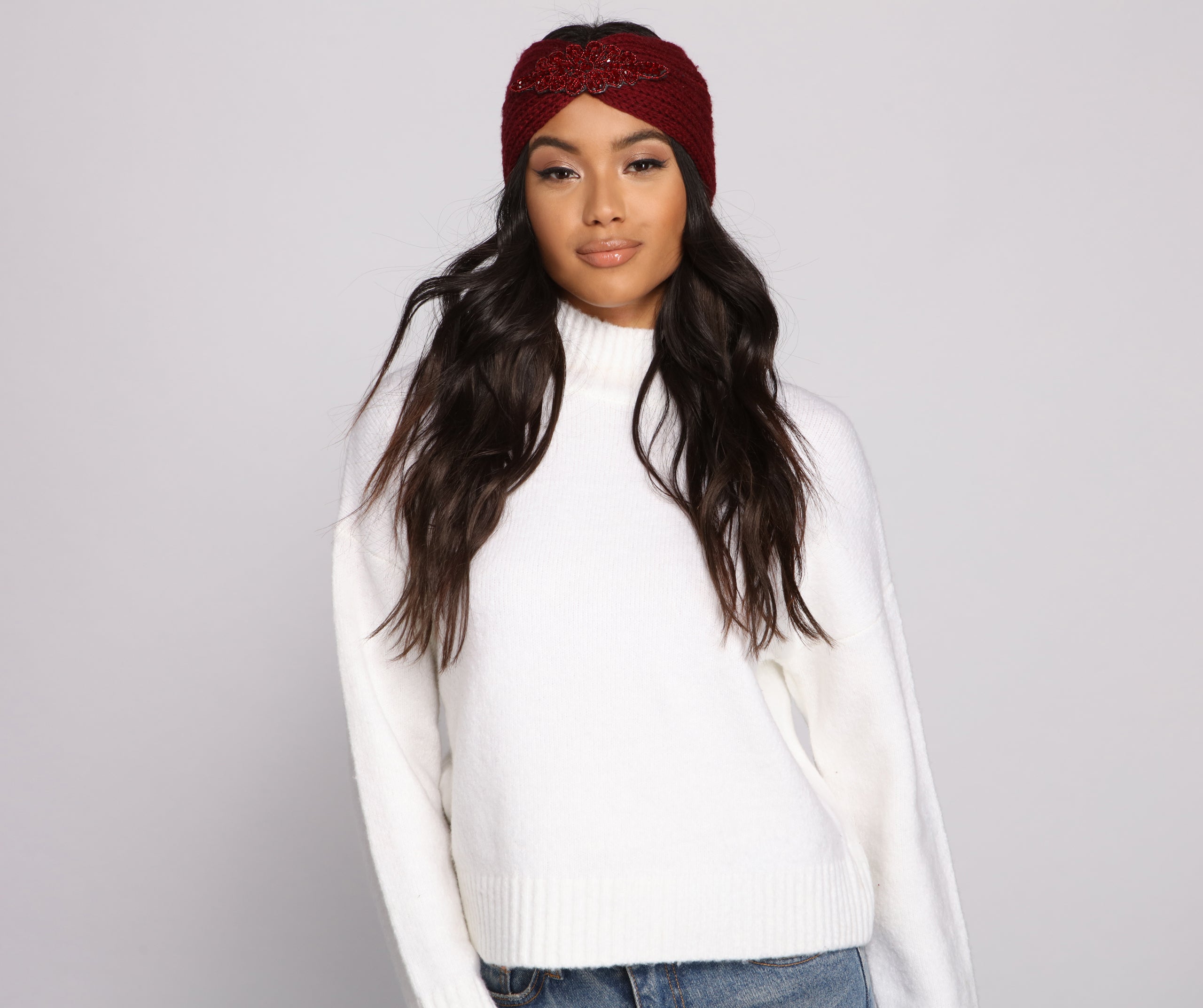 Glitzy Gemstone Applique Knit Headband - Image 4