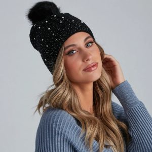 Rhinestone And Pearl Luxe Knit Beanie