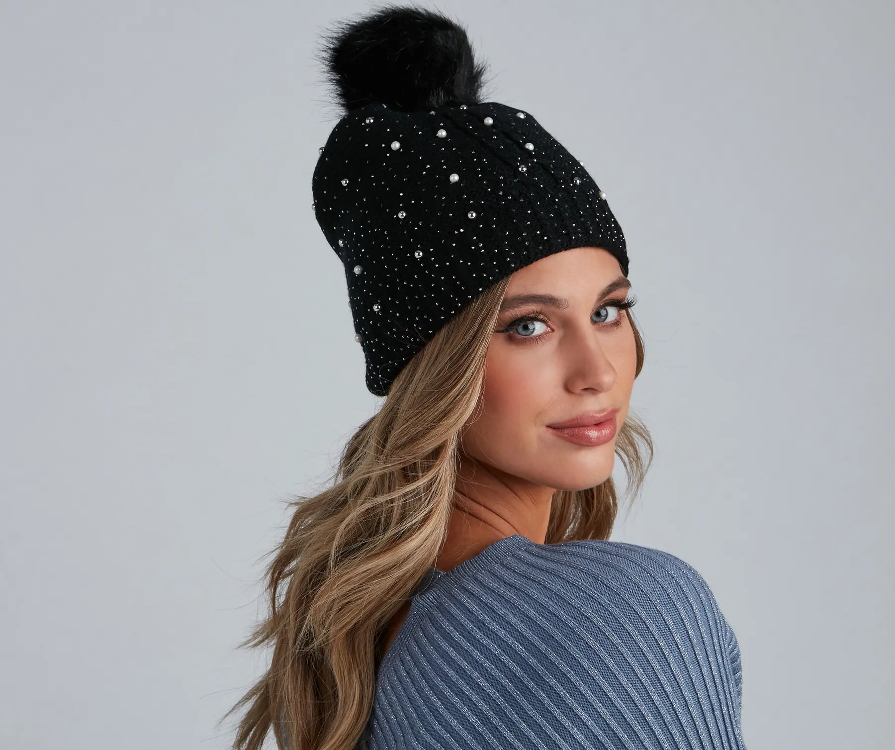 Rhinestone And Pearl Luxe Knit Beanie - Image 2