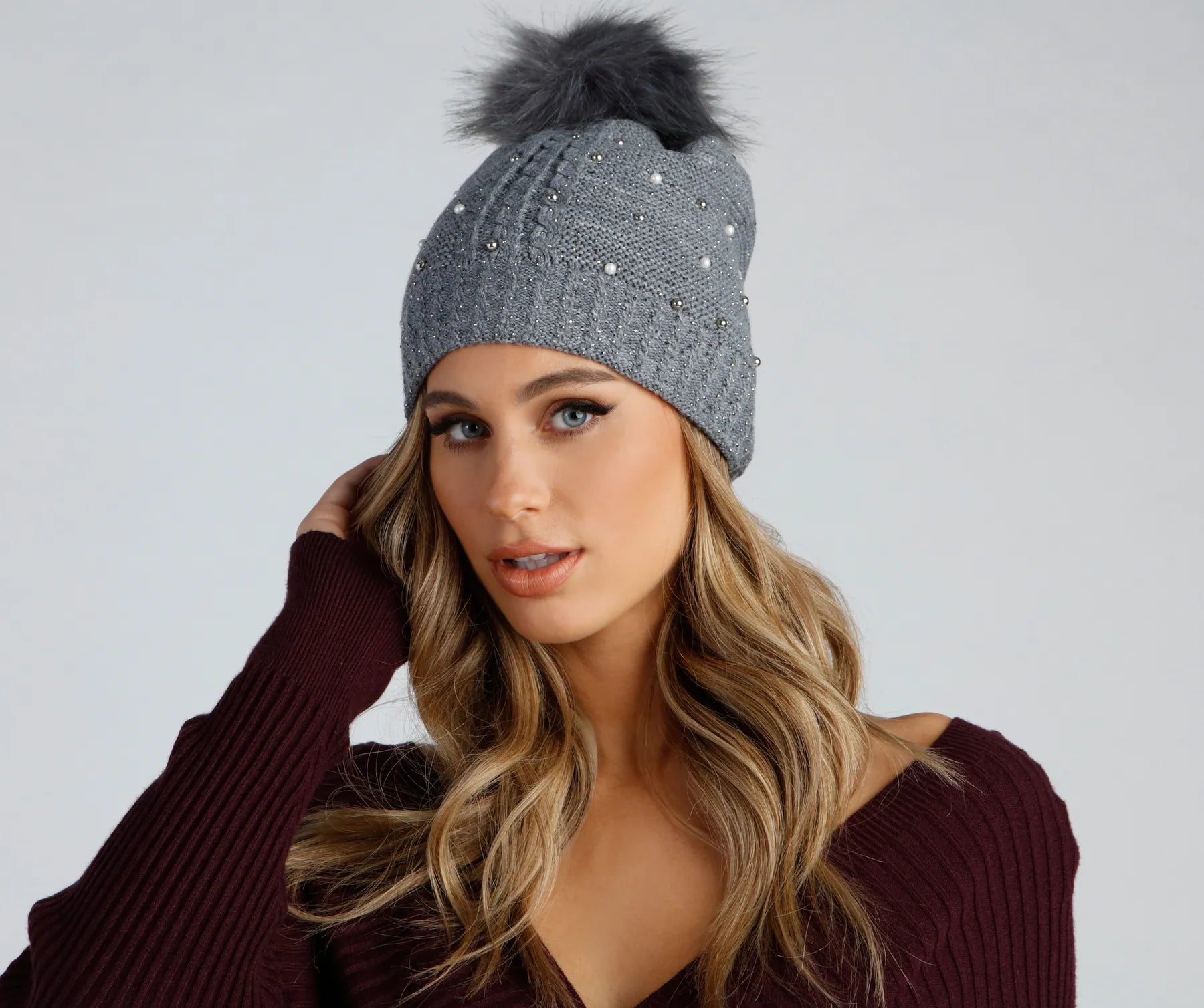 Rhinestone And Pearl Luxe Knit Beanie - Image 3