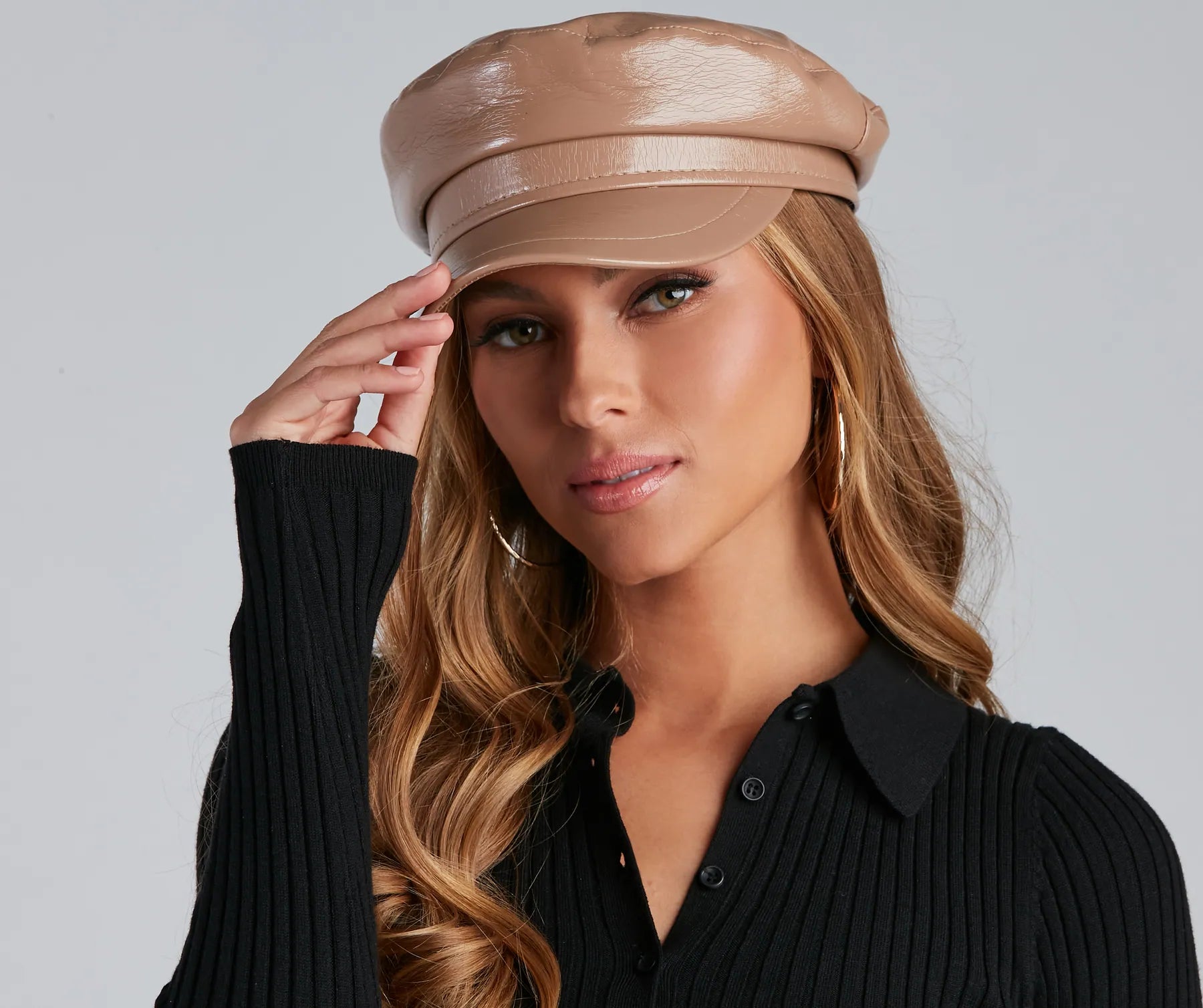 Faux Patent Leather Cabby Hat