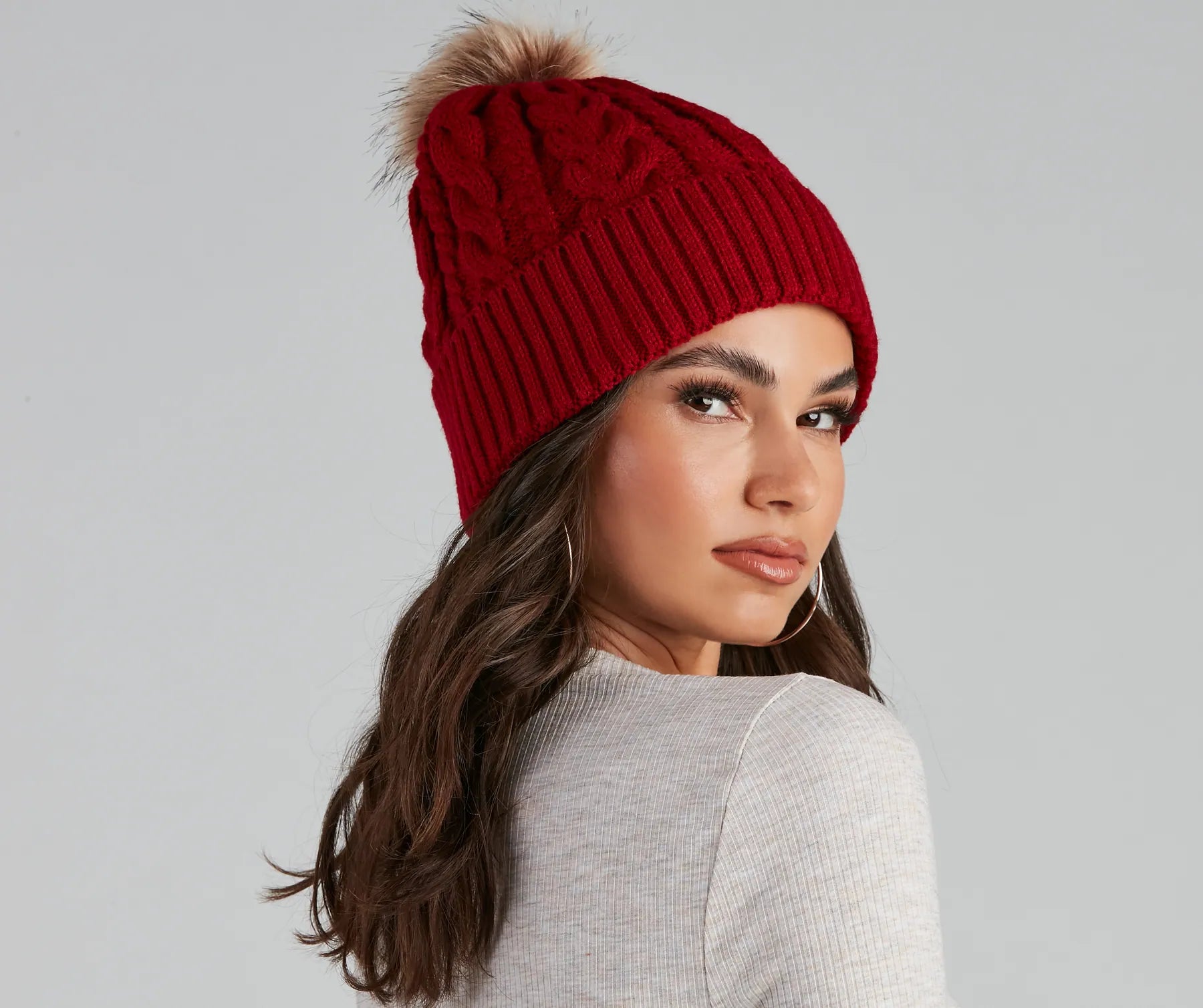 Winter Ready Pom Cable Knit Beanie - Image 2