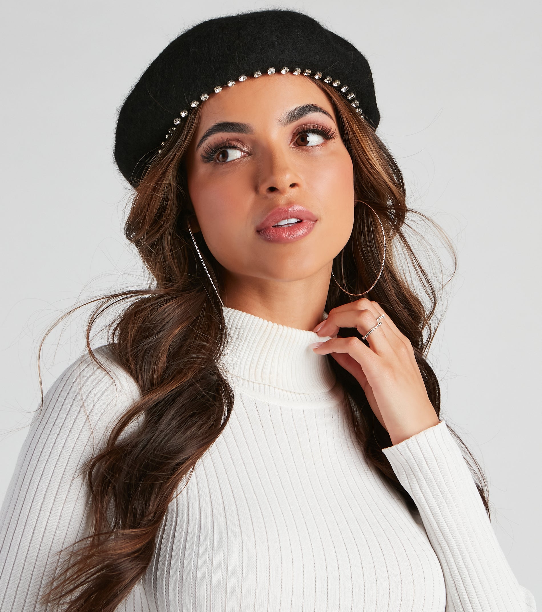 Modern Girl Rhinestone Trim Beret - Image 2