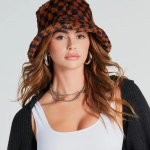 Cuddly Cute Checkered Faux Fur Bucket Hat