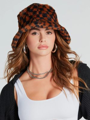 Cuddly Cute Checkered Faux Fur Bucket Hat