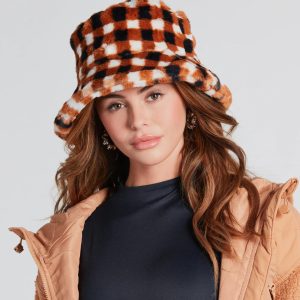 Chilly Days Gingham Faux Fur Bucket Hat