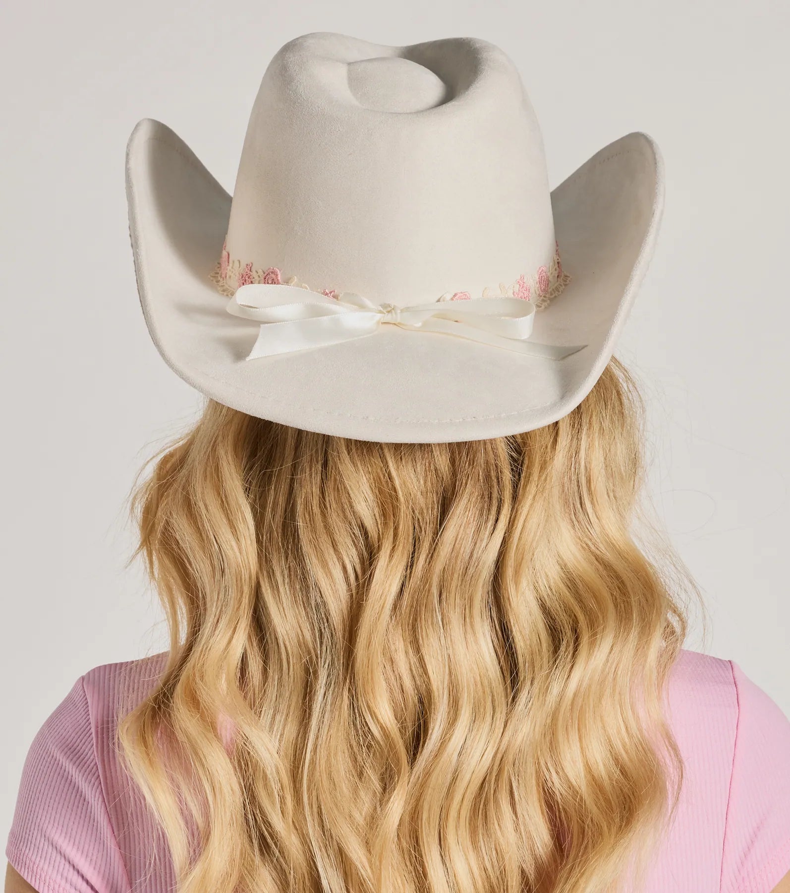 Country Floral Lace Bow Faux Suede Cowboy Hat - Image 2