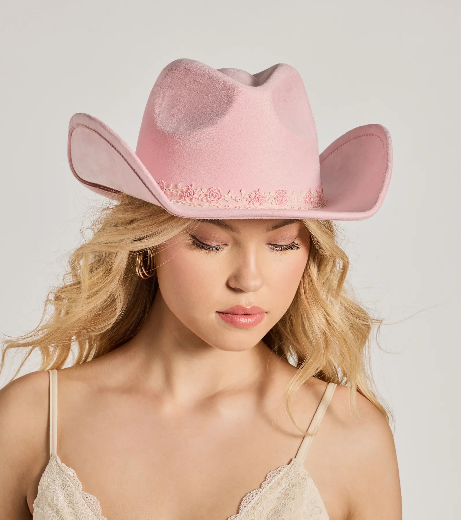 Country Floral Lace Bow Faux Suede Cowboy Hat - Image 4