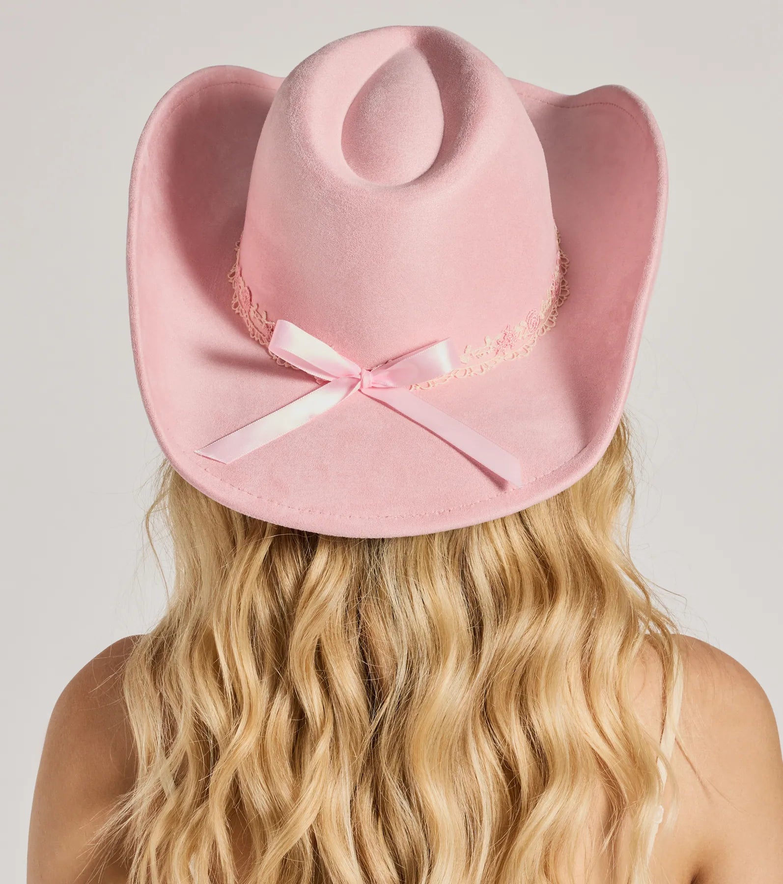 Country Floral Lace Bow Faux Suede Cowboy Hat - Image 3