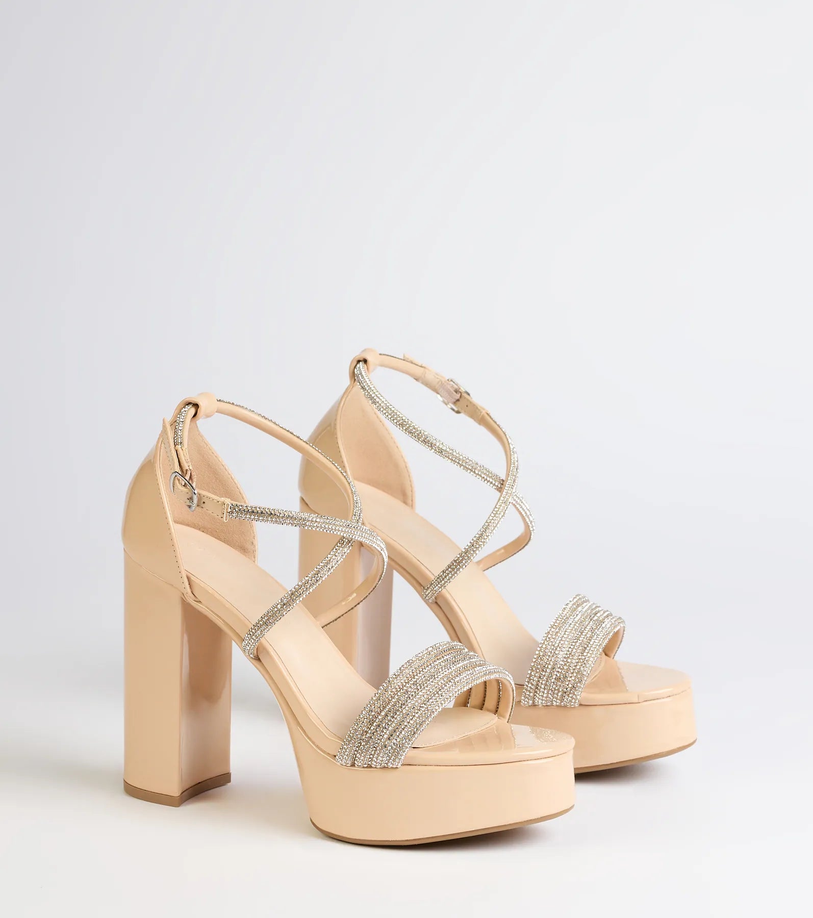 Glam Sheen Rhinestone Strappy Platform Heels - Image 5