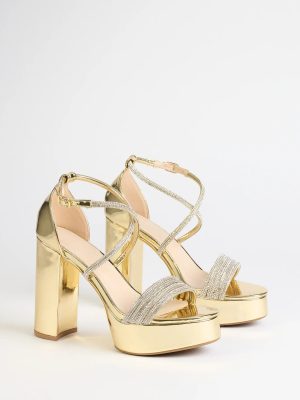 Glam Sheen Rhinestone Strappy Platform Heels