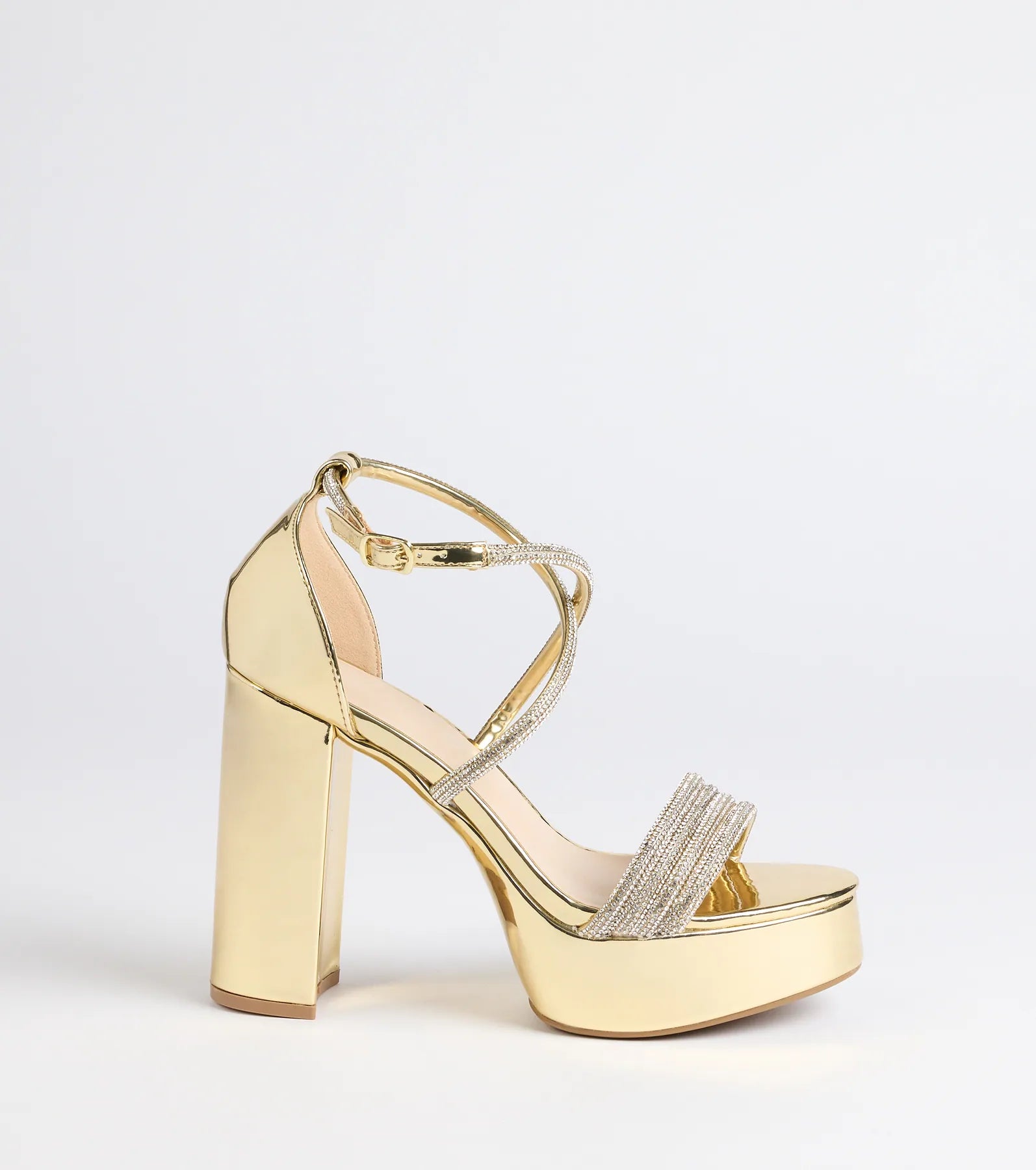 Glam Sheen Rhinestone Strappy Platform Heels - Image 2