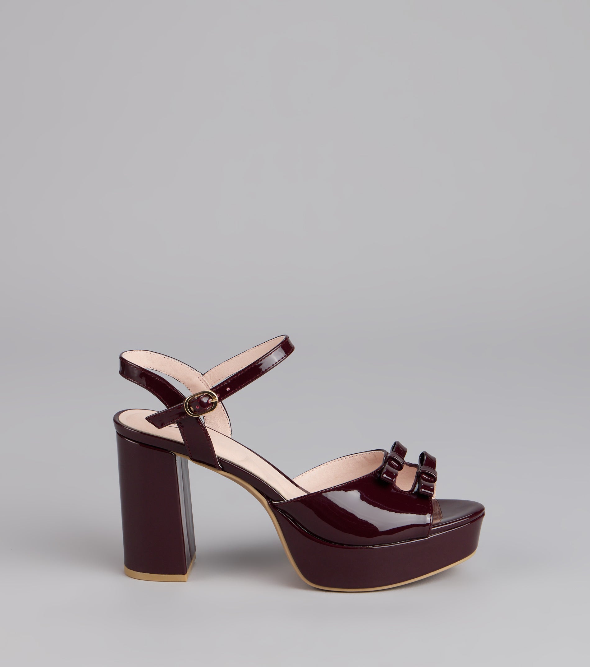 Glossy Finish Bow Platform Block Heels - Image 2