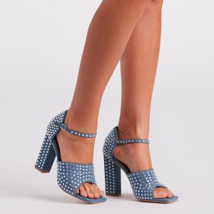 Trendy Diva Rhinestone Denim Block Heels