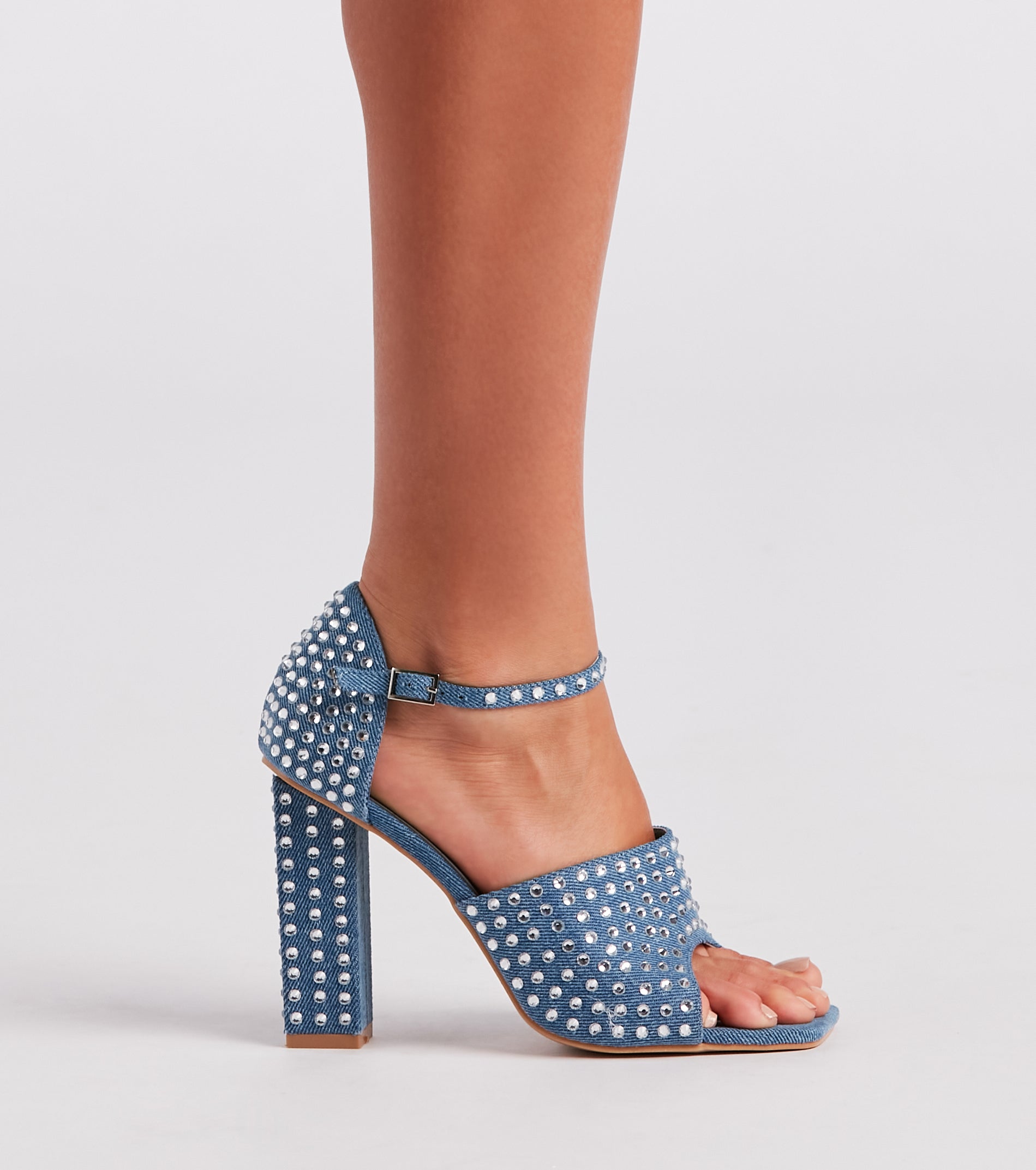 Trendy Diva Rhinestone Denim Block Heels - Image 2
