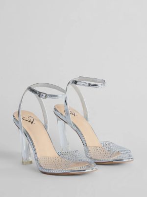 Major Glam Rhinestone Chrome Clear Block Heels