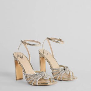 Dazzling Mood Rhinestone Strappy Metallic Block Heels