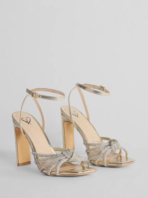 Dazzling Mood Rhinestone Strappy Metallic Block Heels