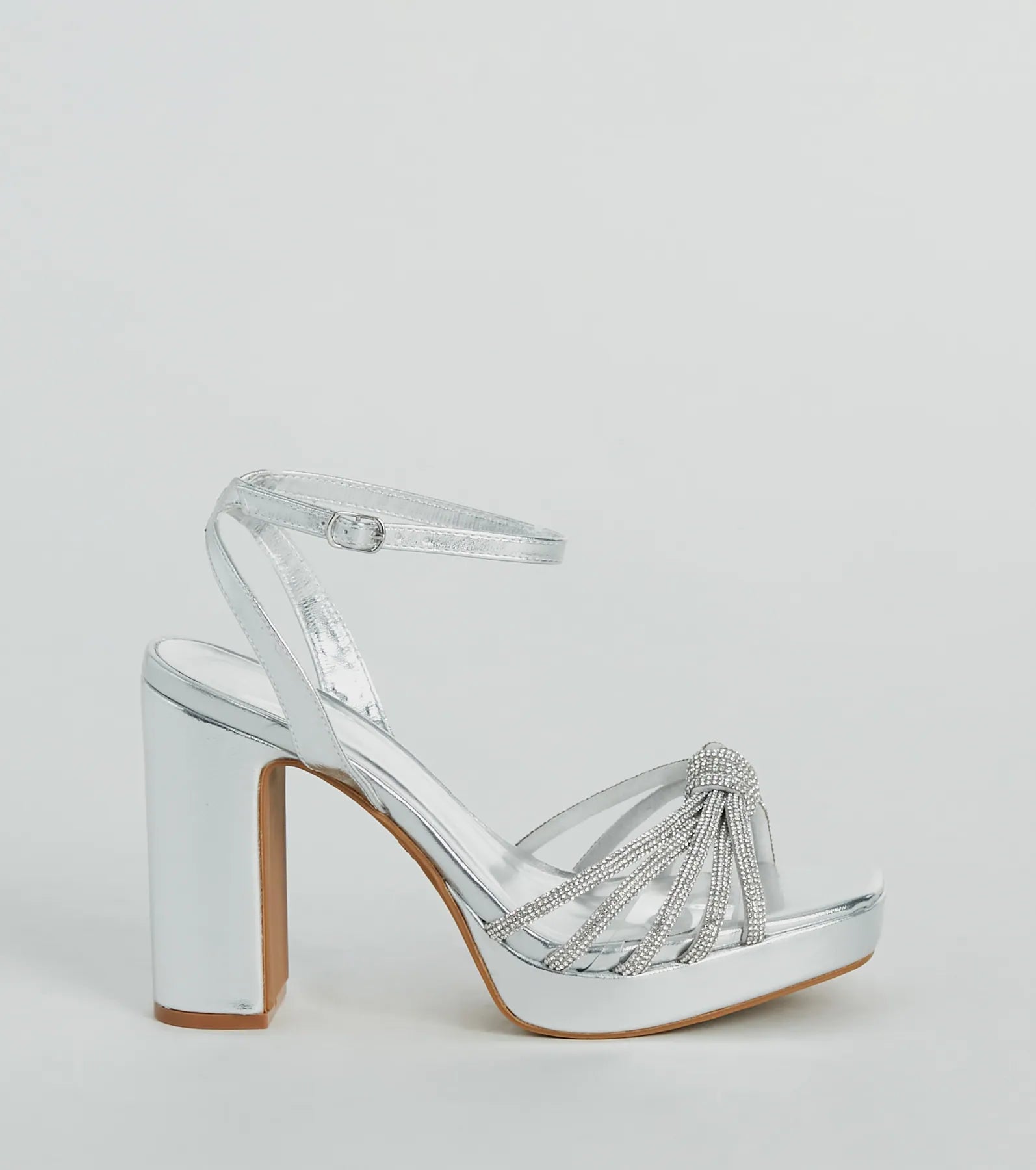 Shine Time Rhinestone Strappy Metallic Platform Heels - Image 2