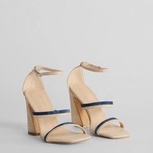 Sunshine Check Strappy Straw Denim Block Heels