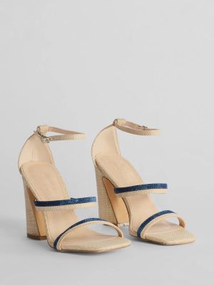 Sunshine Check Strappy Straw Denim Block Heels