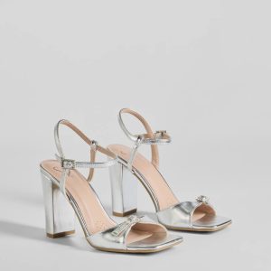 Party Moves Rhinestone Buckle Metallic Block Heels