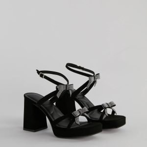 Soiree Glam Rhinestone Bow Platform Block Heels