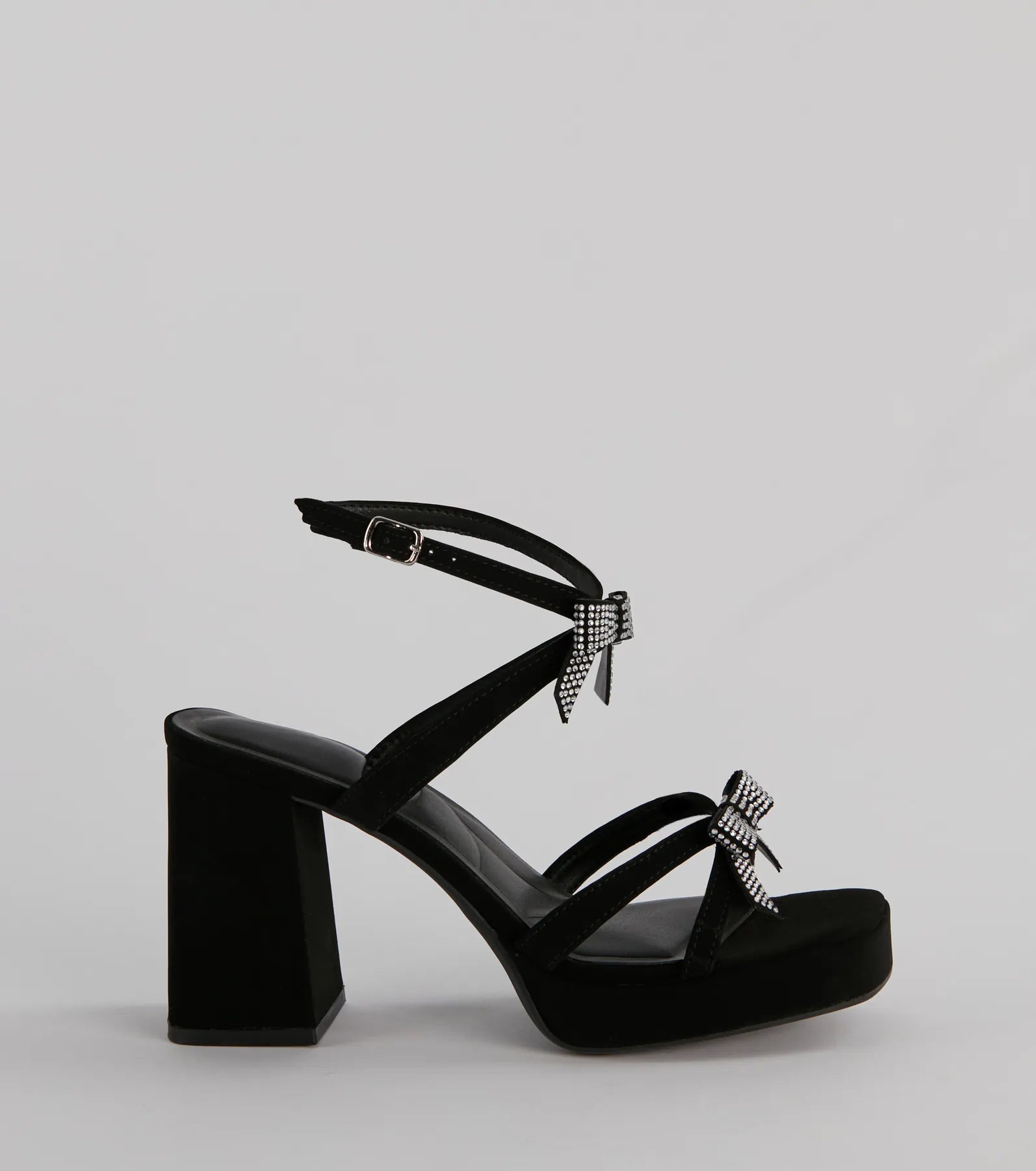 Soiree Glam Rhinestone Bow Platform Block Heels - Image 2