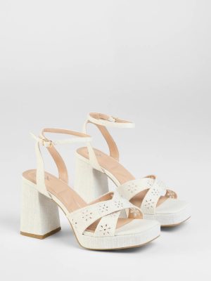 Resort Ready Eyelet Linen Platform Block Heels
