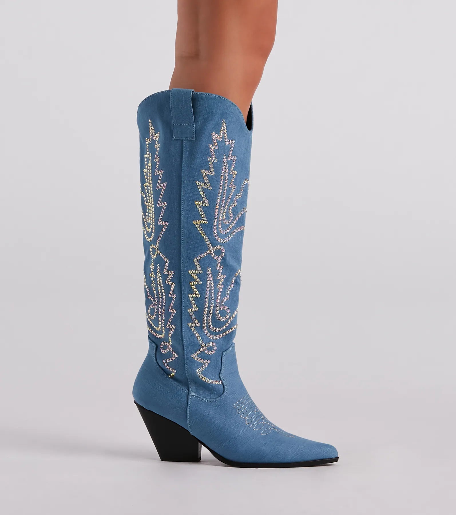Country Digs Denim Rhinestone Cowboy Boots - Image 3