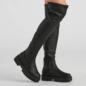 Edgy Sole Lug Knee High Boots