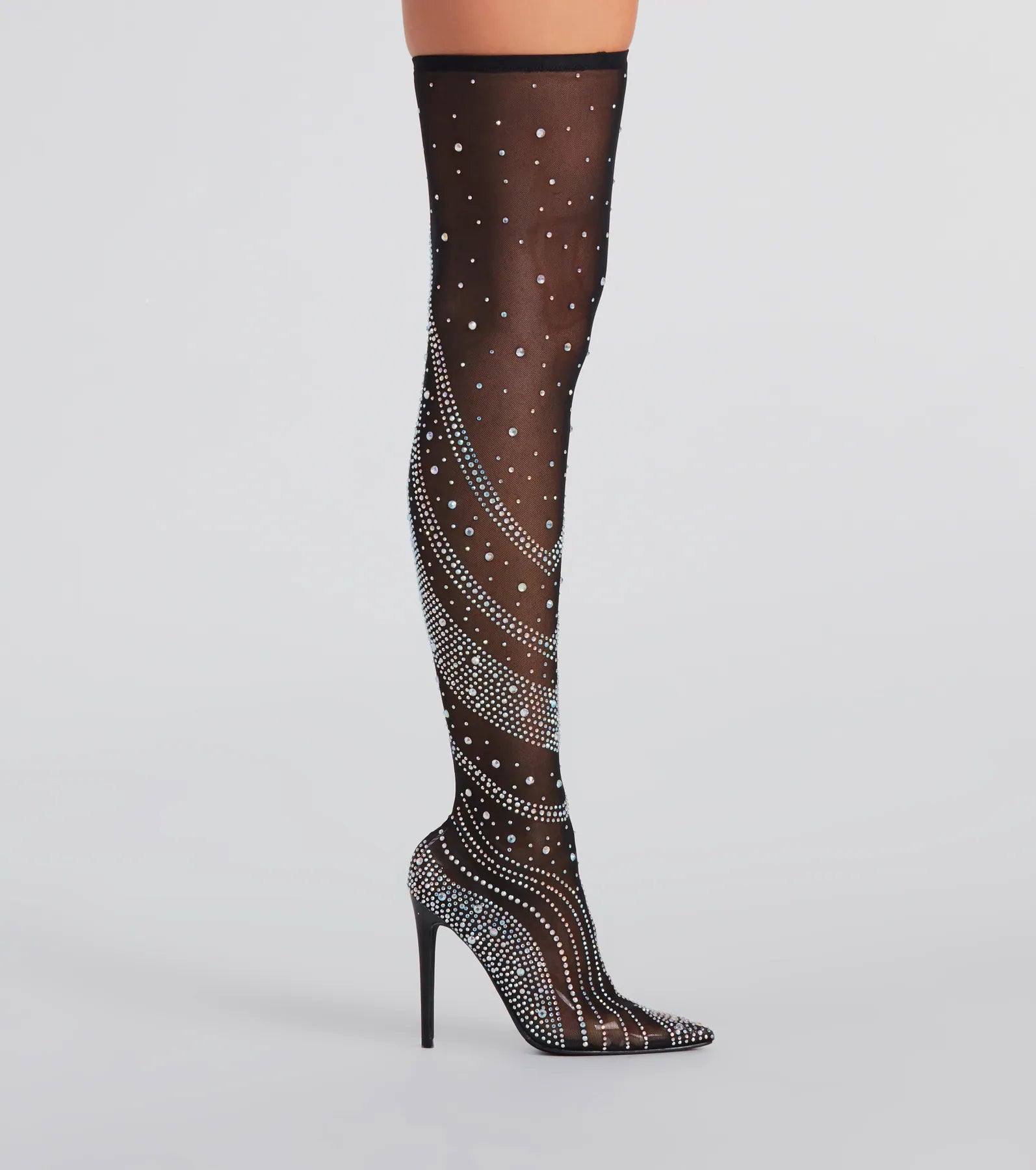 Unforgettable Slay Rhinestone Mesh Thigh-High Boots - Image 3