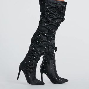 Dramatic Blooms Rosette Rhinestone Thigh-High Boots
