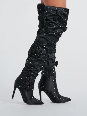 Dramatic Blooms Rosette Rhinestone Thigh-High Boots
