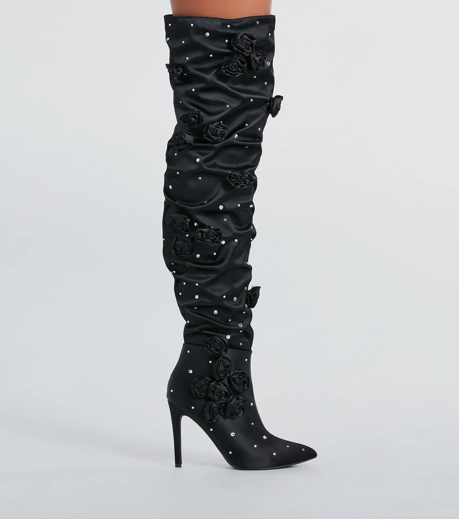 Dramatic Blooms Rosette Rhinestone Thigh-High Boots - Image 3