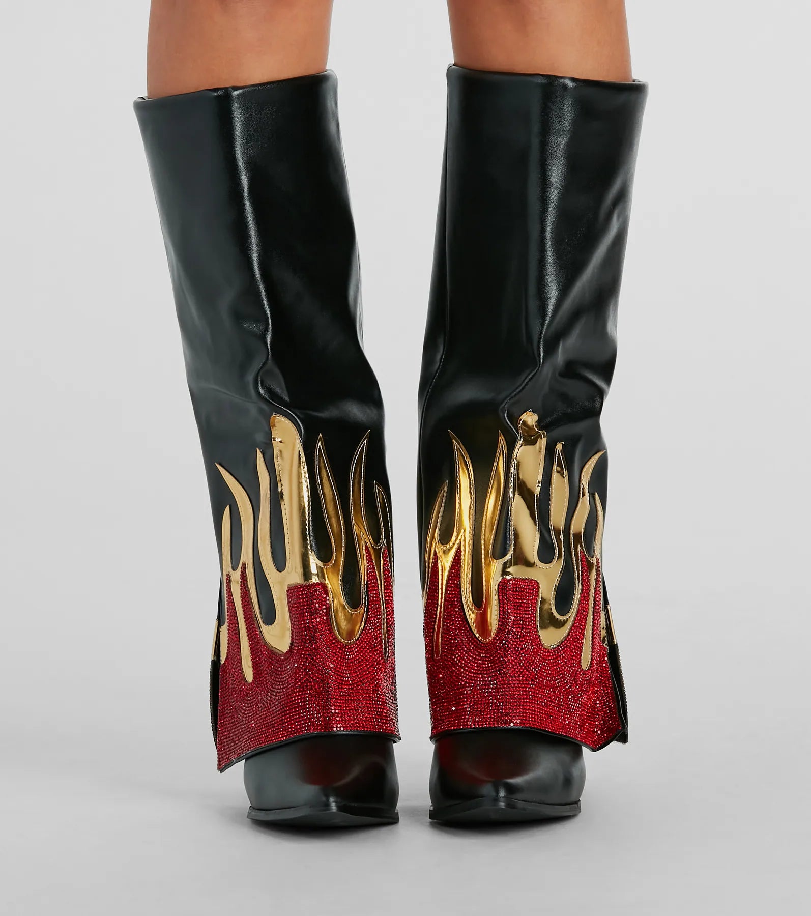 Too Hot To Handle Rhinestone Flame Fold-Over Boots - Image 2