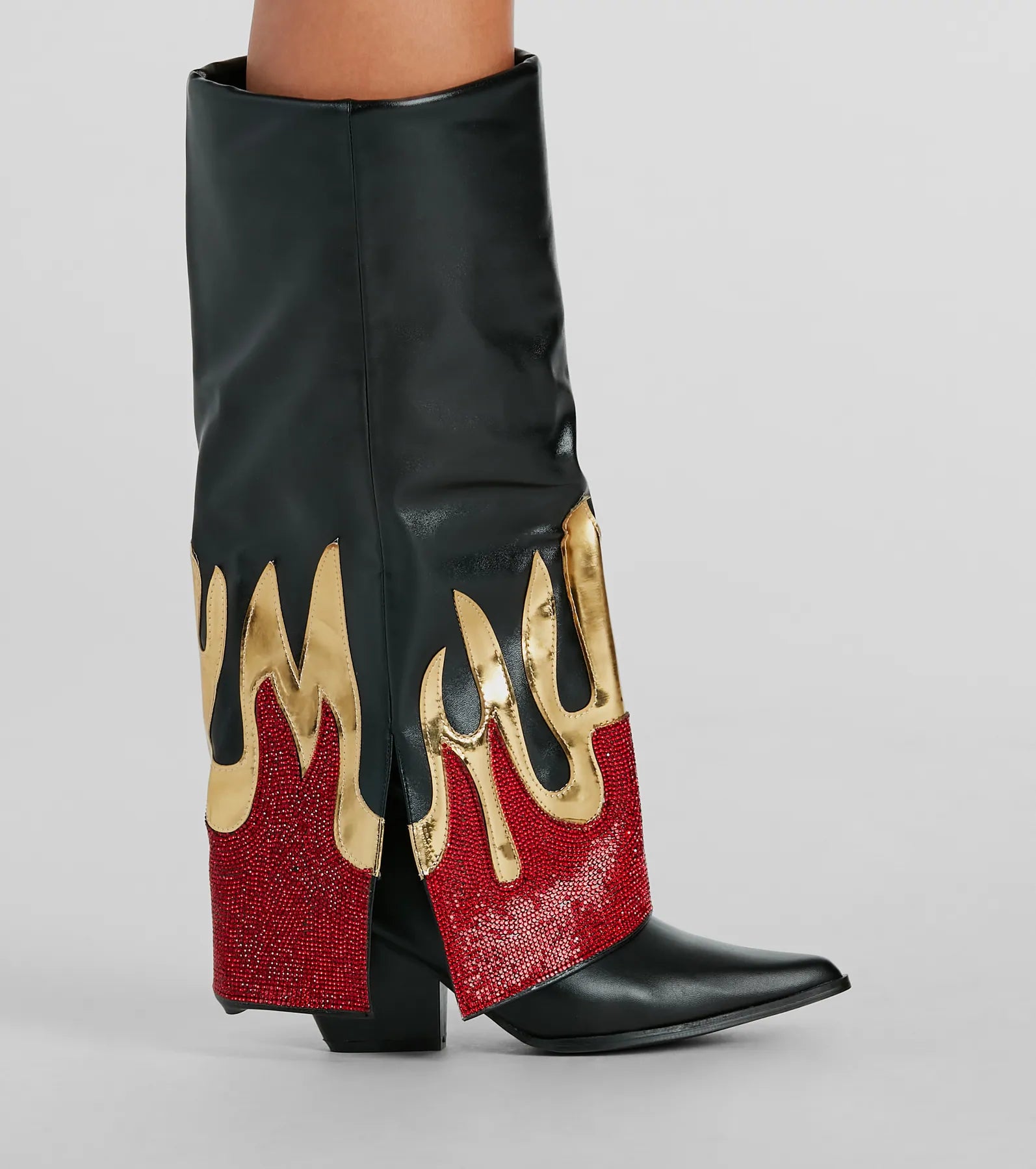 Too Hot To Handle Rhinestone Flame Fold-Over Boots - Image 3