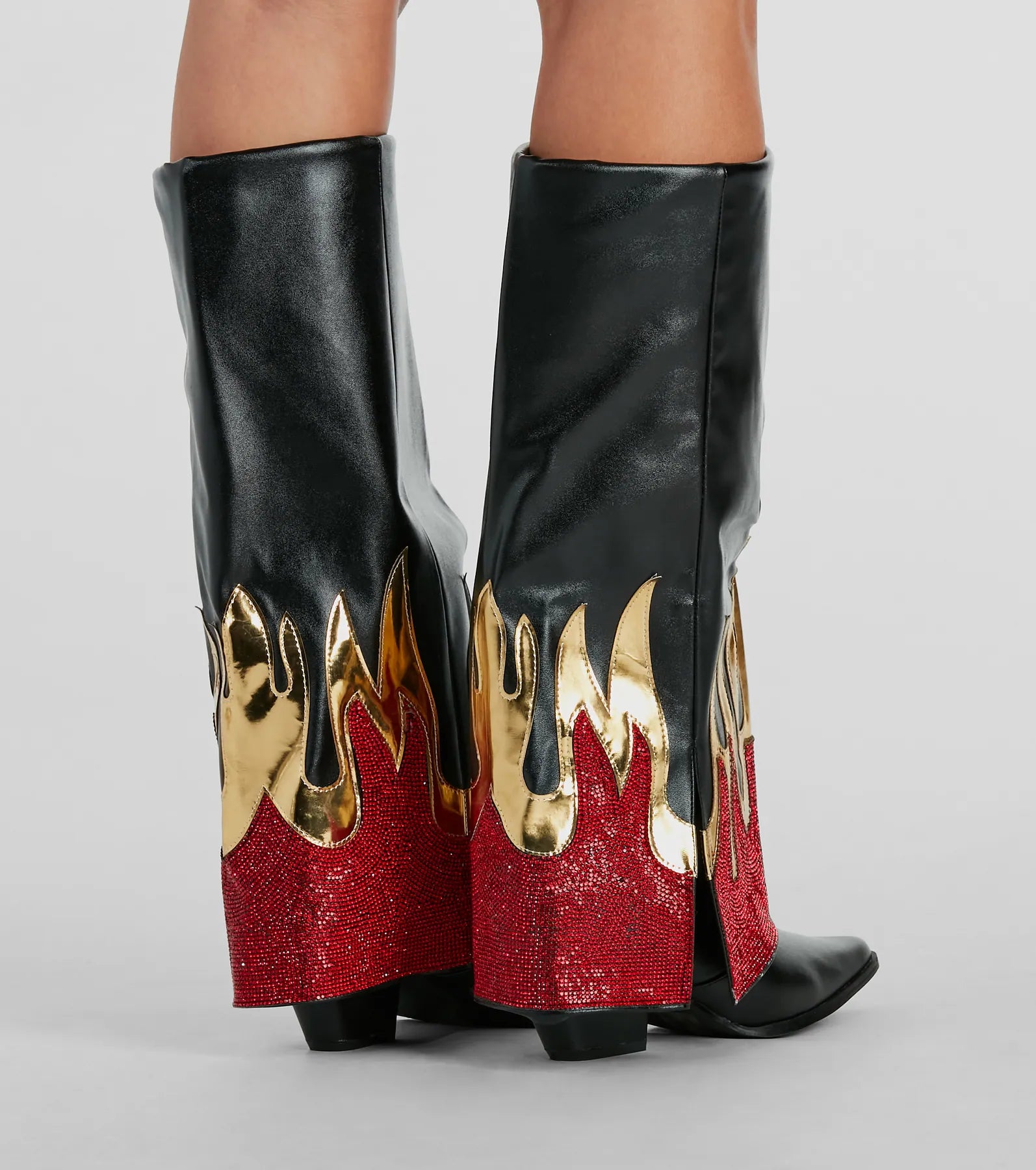 Too Hot To Handle Rhinestone Flame Fold-Over Boots - Image 4