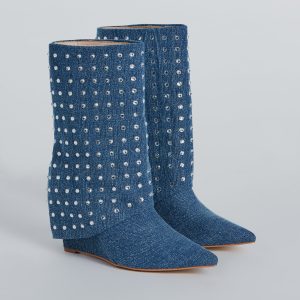 Fashion Diva Rhinestone Fold-Over Denim Boots