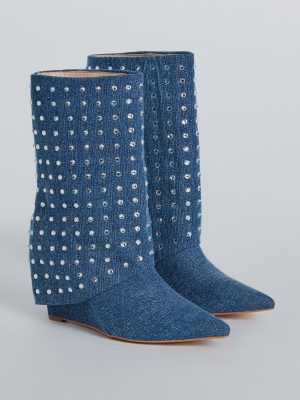 Fashion Diva Rhinestone Fold-Over Denim Boots
