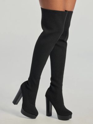 Slay On Thigh-High Ribbed Knit Platform Boots
