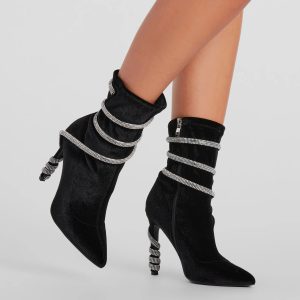 Looking Iconic Rhinestone Spiral Strap Stiletto Booties