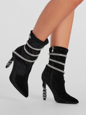 Looking Iconic Rhinestone Spiral Strap Stiletto Booties