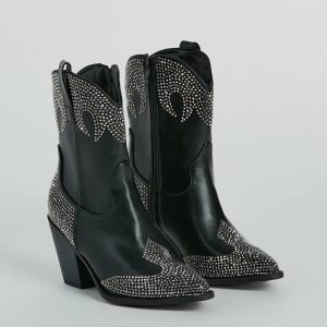 Western Flair Rhinestone Flame Faux Leather Boots