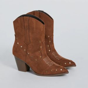 Country Style Studded Faux Suede Western Booties