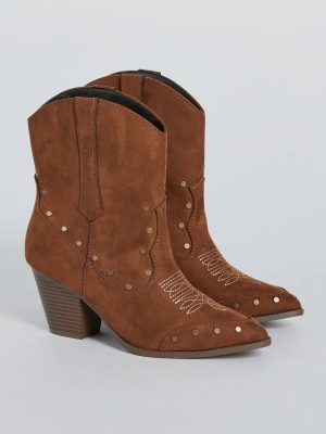 Country Style Studded Faux Suede Western Booties