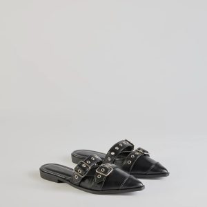 Edgy Flair Faux Leather Buckle Strap Flats
