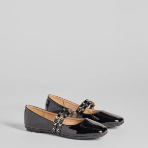 Sleek Buckled Strappy Patent Faux Leather Flats